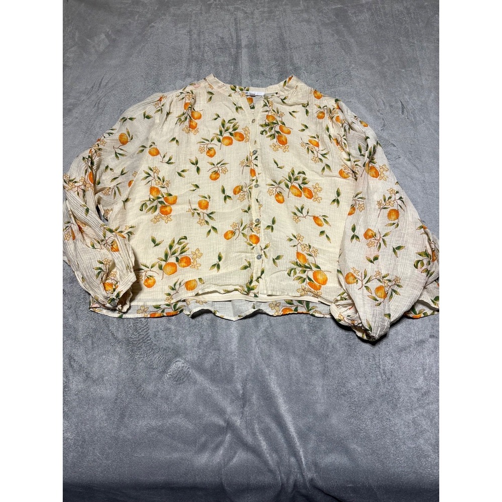 DR2 Women SZ M Orange Citrus Fruit Crinkle Gauze Button Front Blouse DR25582PWN